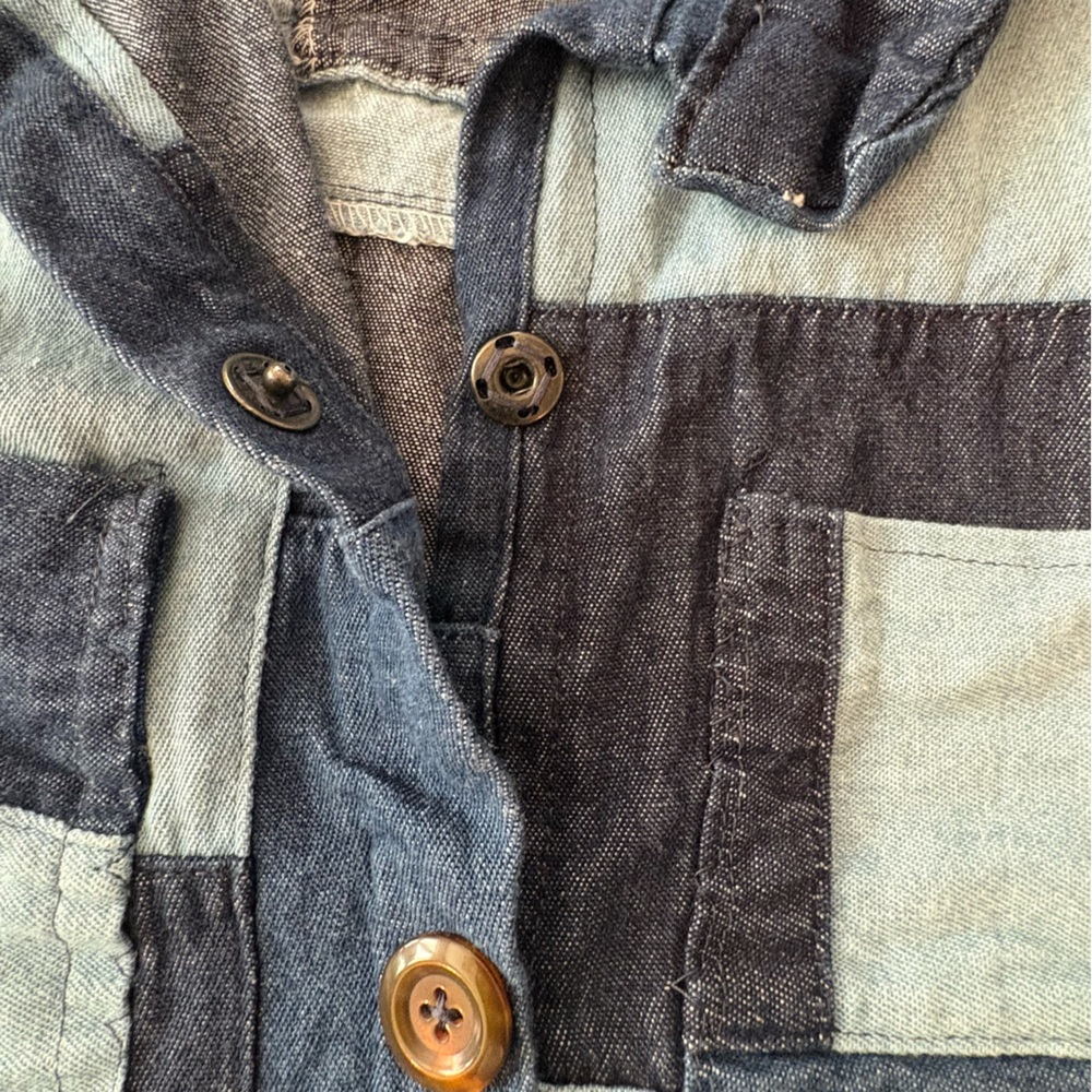 Patchwork Short Sleeve Two-Tone Denim Button-Up S… - image 6